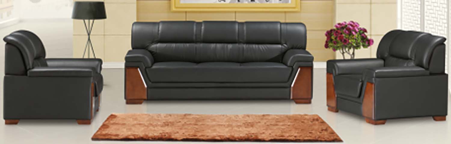 3-Piece Black Leather Office Reception Sofa Set (1+1+3 Configuration) with Wood Accent Trim