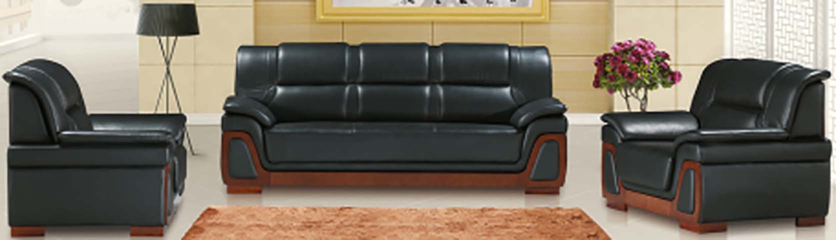 3+1+1 Black Faux Leather Executive Reception Sofa Set with Solid Wood Trim