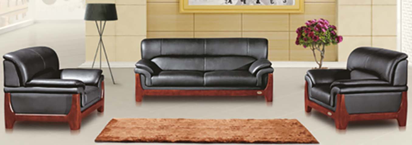 3+1+1 Black Leather Office Reception Sofa Set with Reddish-Brown Solid Wood Frame