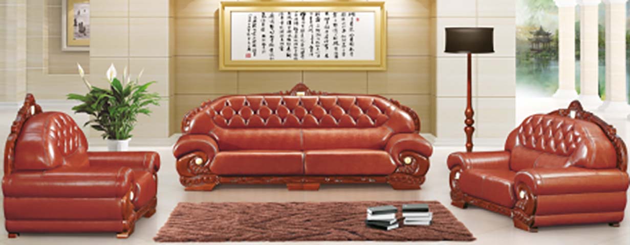 Ornate Carved Wood Tufted Leather Sofa Set, 1+2+3 Seat Classic Formal Lounge Seating