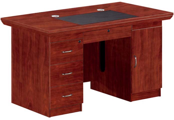 Wood Grain Executive Office Desk with Drawer Cabinet and Writing Pad