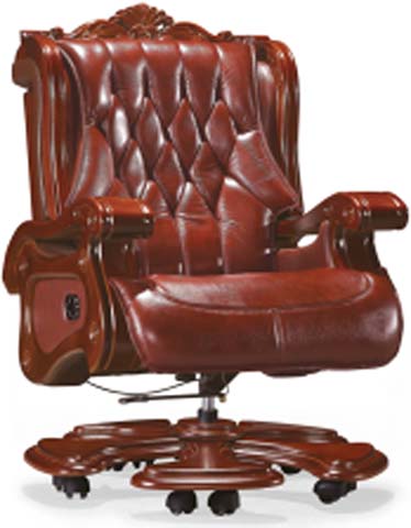 Traditional Diamond-Tufted Oxblood Leather Carved Wood Executive Office Chair