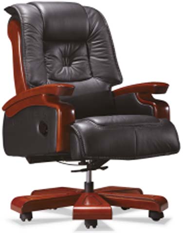 Black Tufted High-Back Executive Office Chair with Polished Wood Arms and Five-Star Caster Base