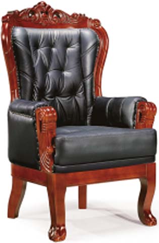 Traditional Carved Wood Black Tufted Leather Executive Guest Armchair