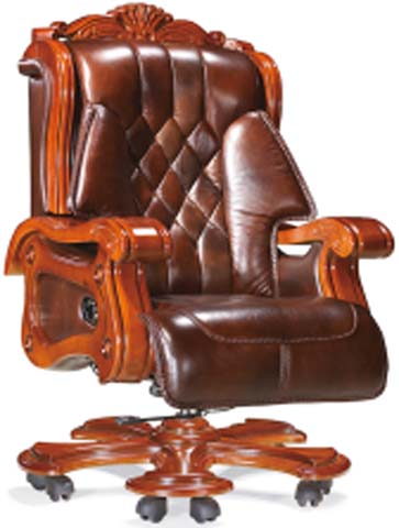 Traditional Carved Wood High-Back Tufted Leather Executive Office Chair