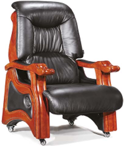 Traditional Carved Solid Wood Frame Black Leather Reclining Executive Office Chair with Footrest