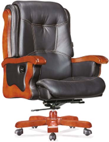 High-Back Black Leather Executive Office Chair with Solid Wood Arms and Base