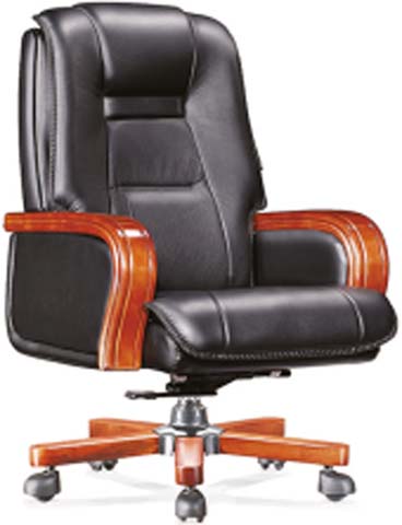 High-Back Black Bonded Leather Executive Office Chair with Wood Trim