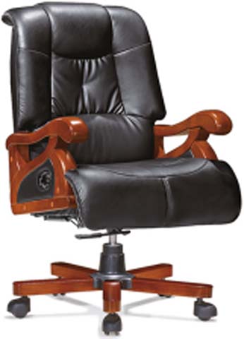 High-Back Black Leather Executive Office Chair with Wood Armrests