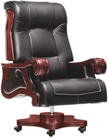 High-Back Black Leather Executive Office Chair with Solid Wood Scroll Arms and 4-Star Caster Base