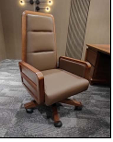 Tan Upholstered High-Back Executive Office Chair with Wood Trim
