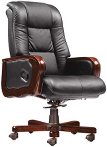 High Back Black Leather Executive Office Chair with Mahogany Wood Arms and 5-Star Caster Base