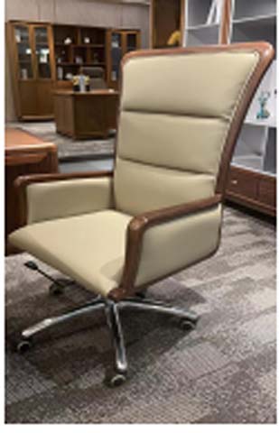 High-Back Beige Upholstered Executive Office Chair with Wood Trim and Chrome Swivel Base