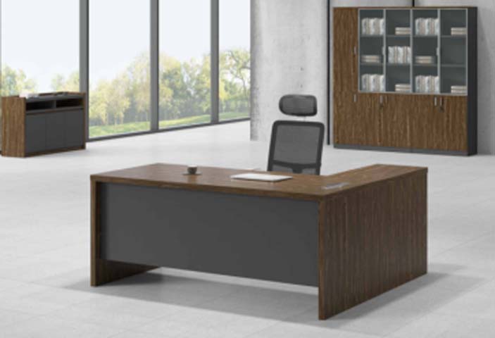 Two-Tone Walnut and Dark Grey L-Shaped Fixed-Height Executive Office Desk
