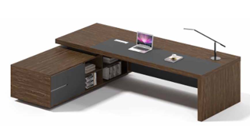 Modern L-Shaped Walnut Executive Desk with Integrated Grey Writing Pad and Left Storage Return
