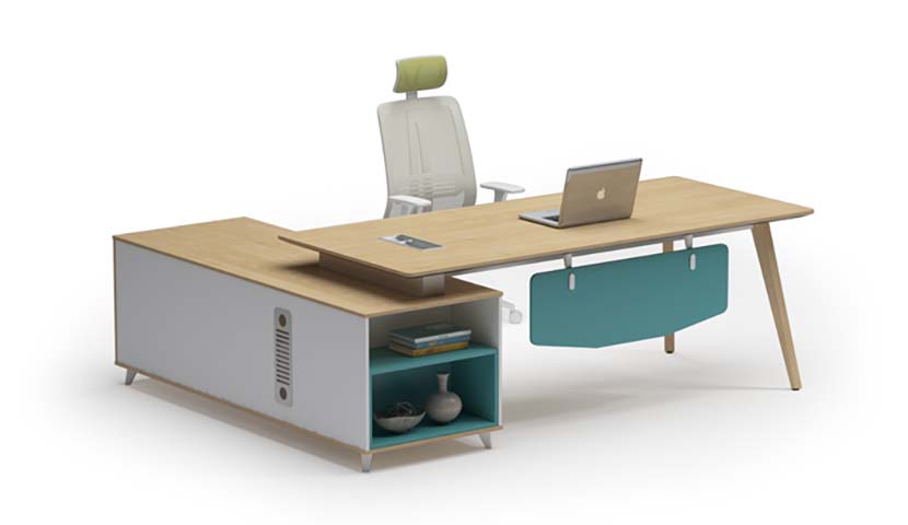 L-Shaped Light Oak Executive Desk with Left Open Storage Return and Teal Accents