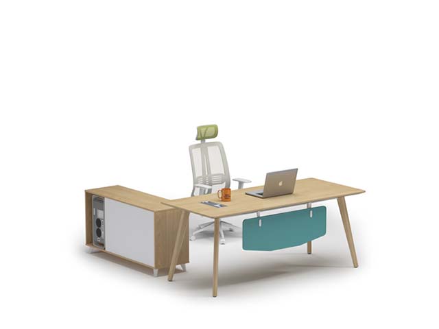 L-Shaped Fixed-Height Executive Office Desk with Left Sliding-Door Return and Teal Modesty Panel