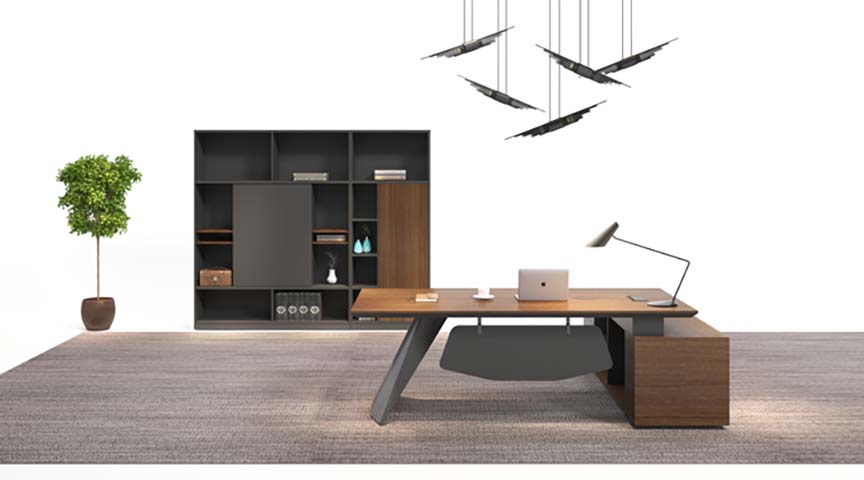 Walnut Veneer Executive Office Desk with Right Pedestal and Angled Metal Leg
