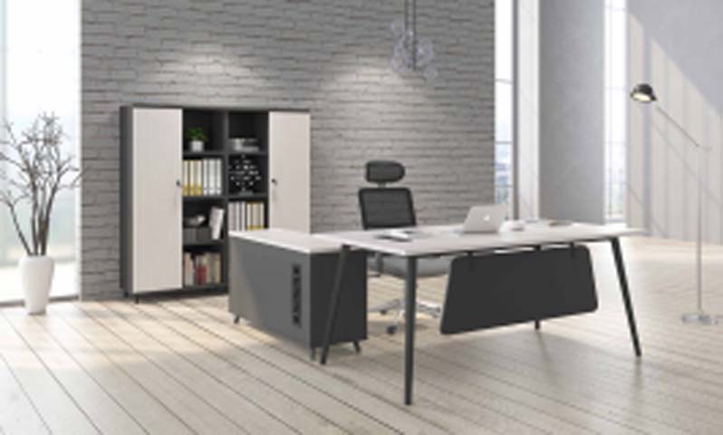 L-Shaped Executive Office Desk with Side Storage Cabinet, Metal Legs and Front Modesty Panel