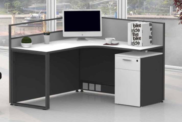 Single-User Curved Corner L-Shaped Cubicle Workstation with Mobile Pedestal