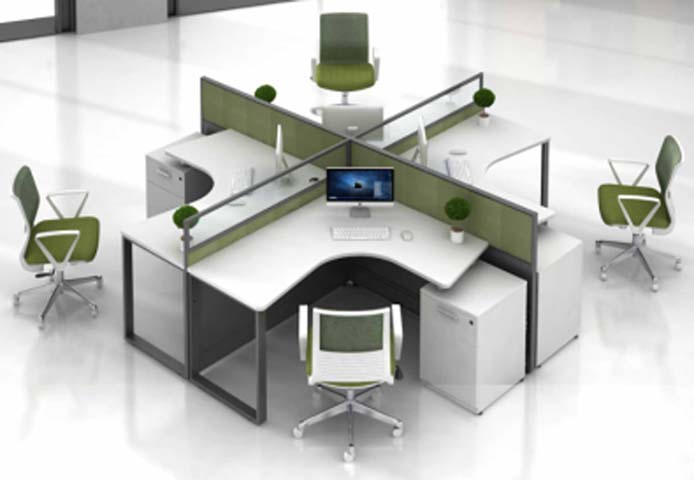 4-Person Cross-Cluster Modular Office Cubicle Workstation with Curved Worksurfaces and Glass-Fabric Partitions