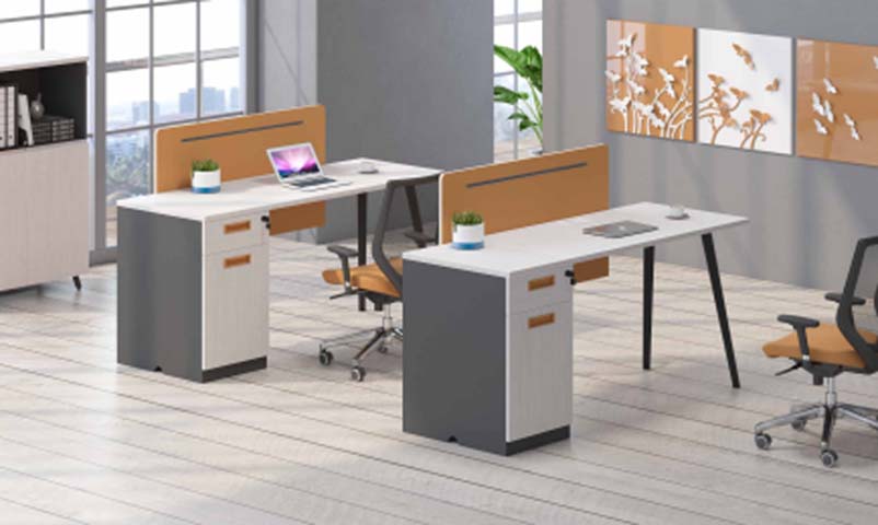 2-Person Side-by-Side Modular Office Workstation with Fixed Drawer Pedestals and Upholstered Privacy Dividers