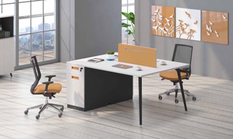 Two-Person Face-to-Face Office Workstation Desk with Central Privacy Divider and Fixed Storage Pedestal