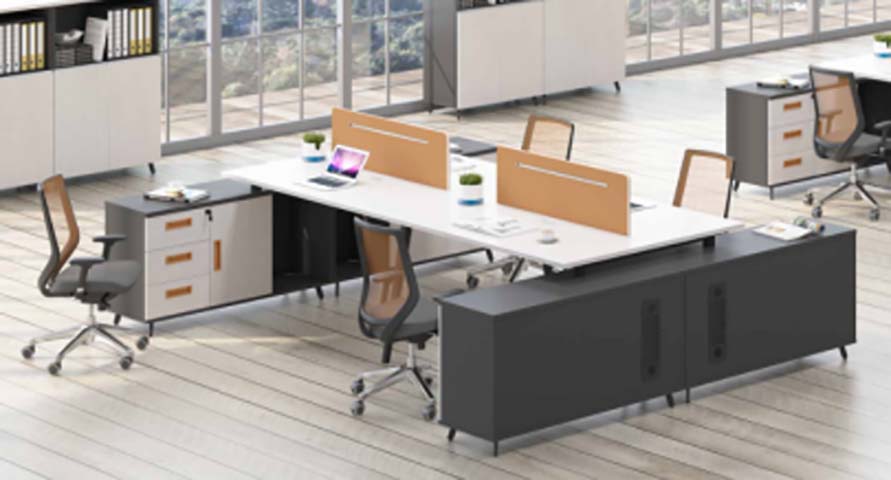 4-Person Face-to-Face Modular Office Workstation with Central Dividers and Fixed Side Storage