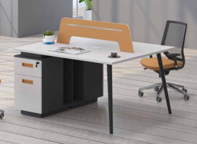 Single-Person Office Workstation Desk with Integrated Orange Privacy Screen, LED Light Strip and Attached Lockable 2-Drawer Pedestal
