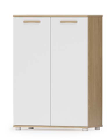 Two-Tone White and Oak Double-Door Freestanding Storage Cabinet
