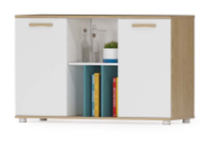 Two-Tone Light Oak and White Sliding Door Storage Sideboard with Central Open Shelves