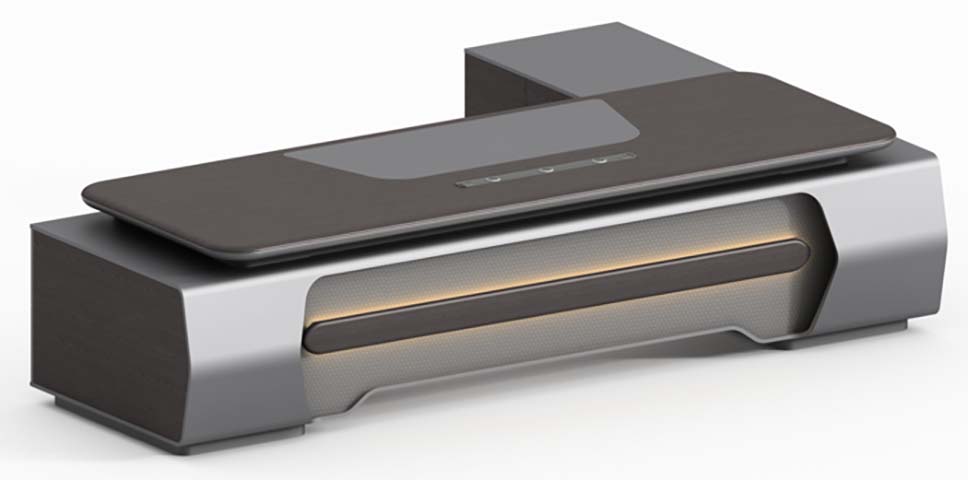 L-Shaped Low-Profile LED Media Console with Perforated Speaker Front and Top Touch Control