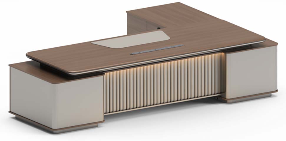 Two-Tone L-Shaped Executive Office Desk with Fluted Modesty Panel and Integrated Lighting