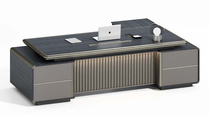 Two-Tone L-Shaped Luxury Executive Office Desk with Fluted Front Ambient Lighting and Dual Storage Pedestals