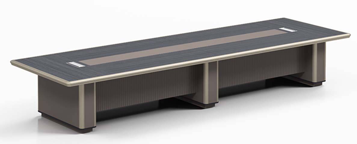 Large Rectangular Dark Woodgrain Boardroom Conference Table with Central Inlay and Cable Grommets