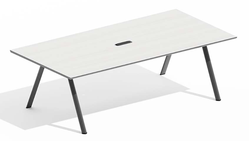 Light Wood Grain Rectangular Conference Table with Splayed Dark Metal Legs and Central Cable Port