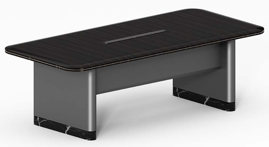 Modern Dark Wood Veneer Executive Desk with Central Cable Management and Marble Accent Plinths