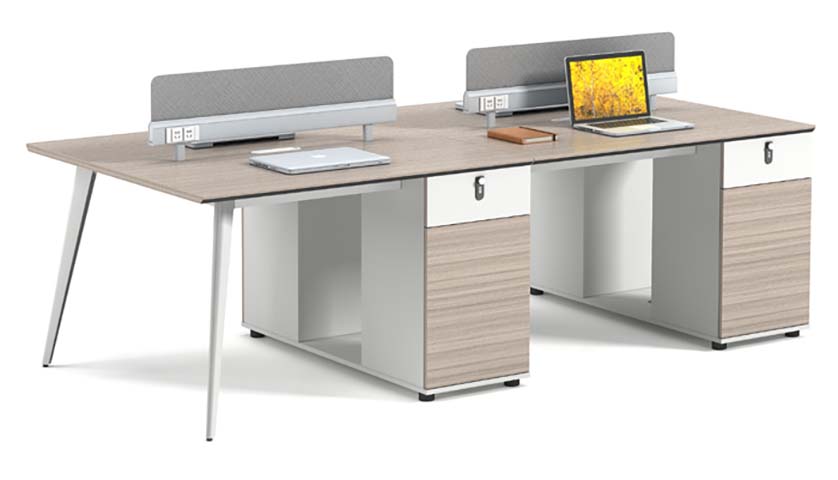Four-Person Double-Sided Modular Office Bench Workstation with Fabric Dividers and Integrated Storage