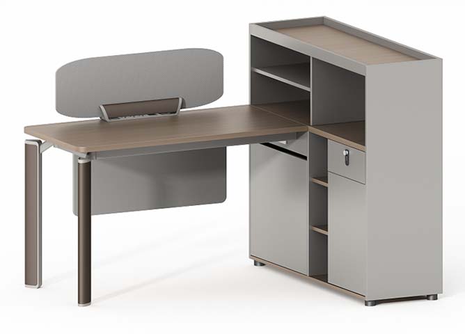 L-Shaped Single Staff Office Workstation Desk with Integrated Storage Cabinet and Curved Desktop Privacy Divider