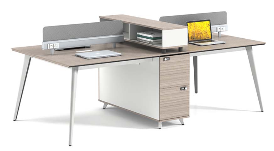 2-Person Office Bench Workstation with Fabric Privacy Screens, Integrated Power, Central Lockable Storage and Shared Shelf