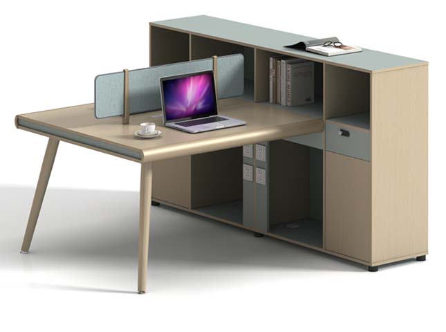 Two-Person Face-to-Face Office Workstation with Integrated Storage Credenza and Fabric Divider