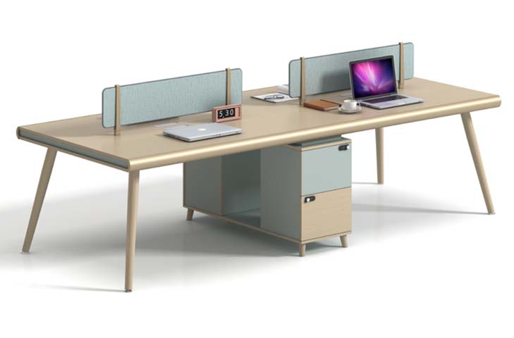 Two-Person Face-to-Face Office Bench Workstation with Fabric Dividers and Central Storage