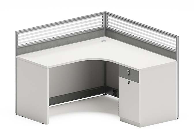 Single-Person L-Shaped Corner Office Cubicle Workstation with Built-In Lockable Storage and Privacy Screens