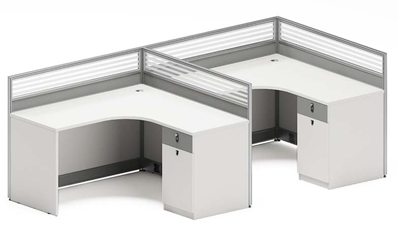 Two-Person L-Shaped Cubicle Workstation with Integrated Storage and Partition Panels