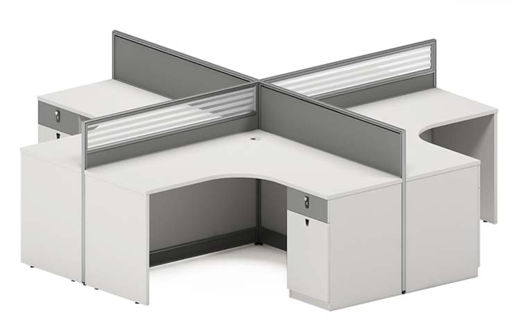 4-Person Cross-Shaped Office Workstation with Dividers and Integrated Pedestals