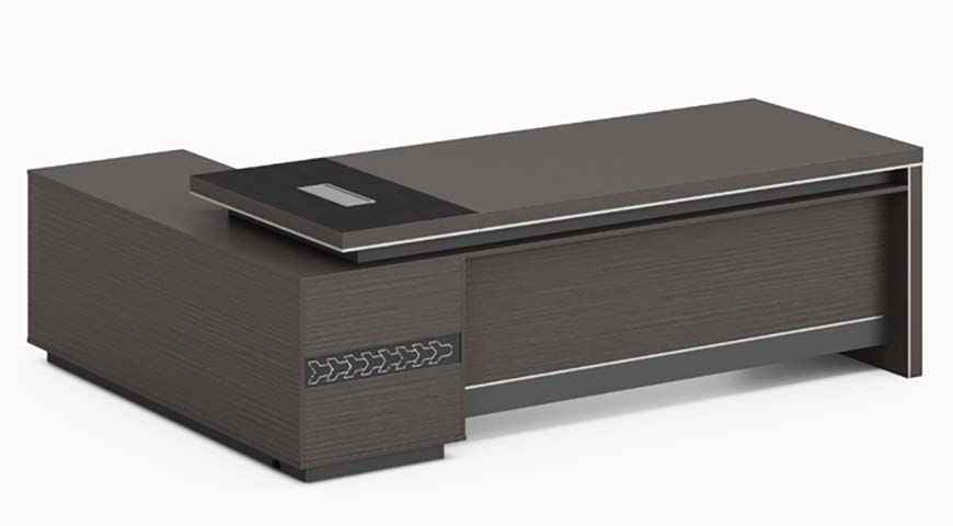 Modern Dark Gray Wood Grain L-Shaped Executive Desk with Left Pedestal Storage and Cable Management