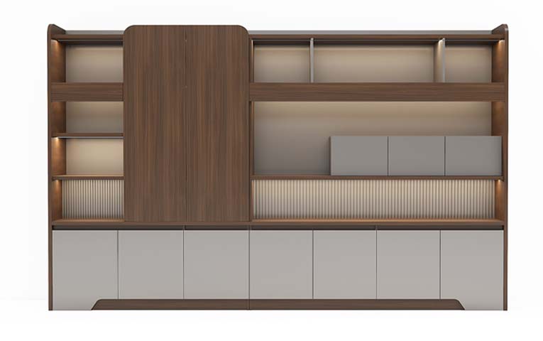 Walnut and Light Gray Full-Wall Office Display Storage Cabinet with Integrated LED Lighting
