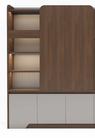 Mixed Finish Tall Storage Cabinet with Illuminated Open Shelves, Fluted Glass and Slat Doors