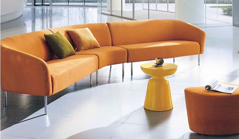 Orange Fabric Curved Modular Sectional Sofa Set with Ottoman and Side Table