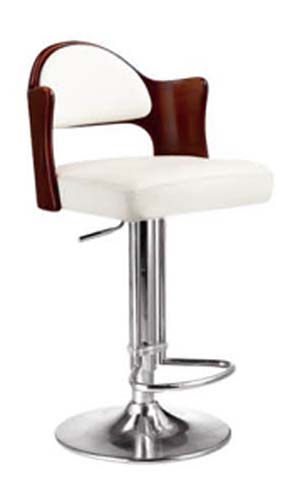 Adjustable Swivel Gas Lift Bar Stool with Walnut Bentwood Frame and White Upholstery